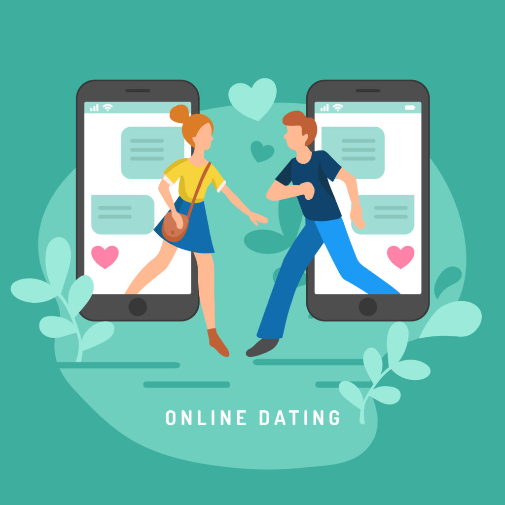 Cartoon image of two phone and people showing online dating