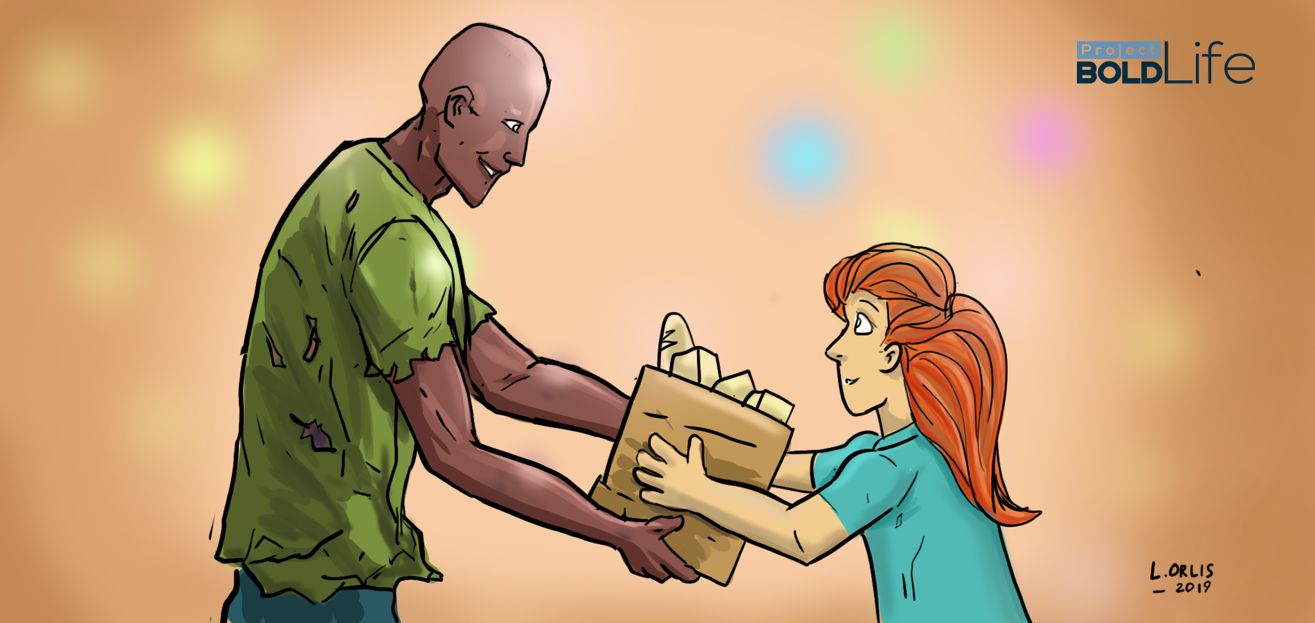 a cartoon of a fair-skinned young girl being generous and giving a homeless dark-skinned man a box of food and clothes