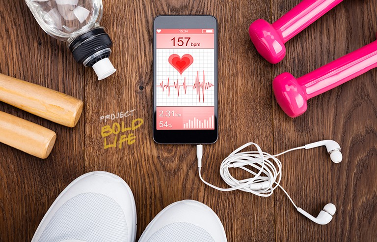 Workout equipment surrounding some fitness app