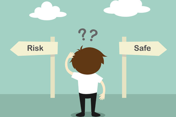 cartoon character looking at risk sign and safe sign, wondering where to go