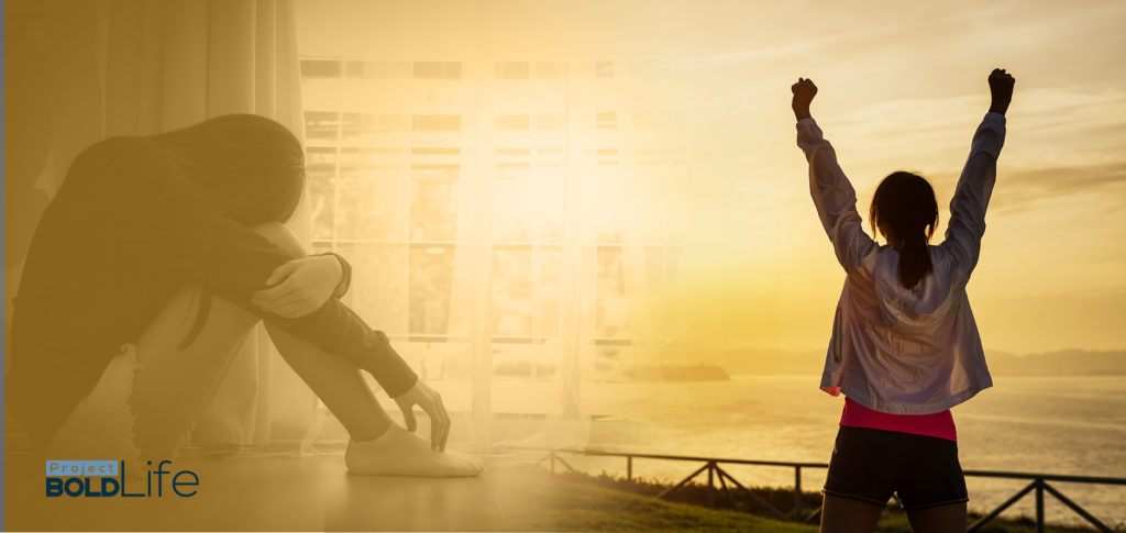 image of a woman curled up in depression beside a woman triumphantly raising her hands because of goal-setting strategies