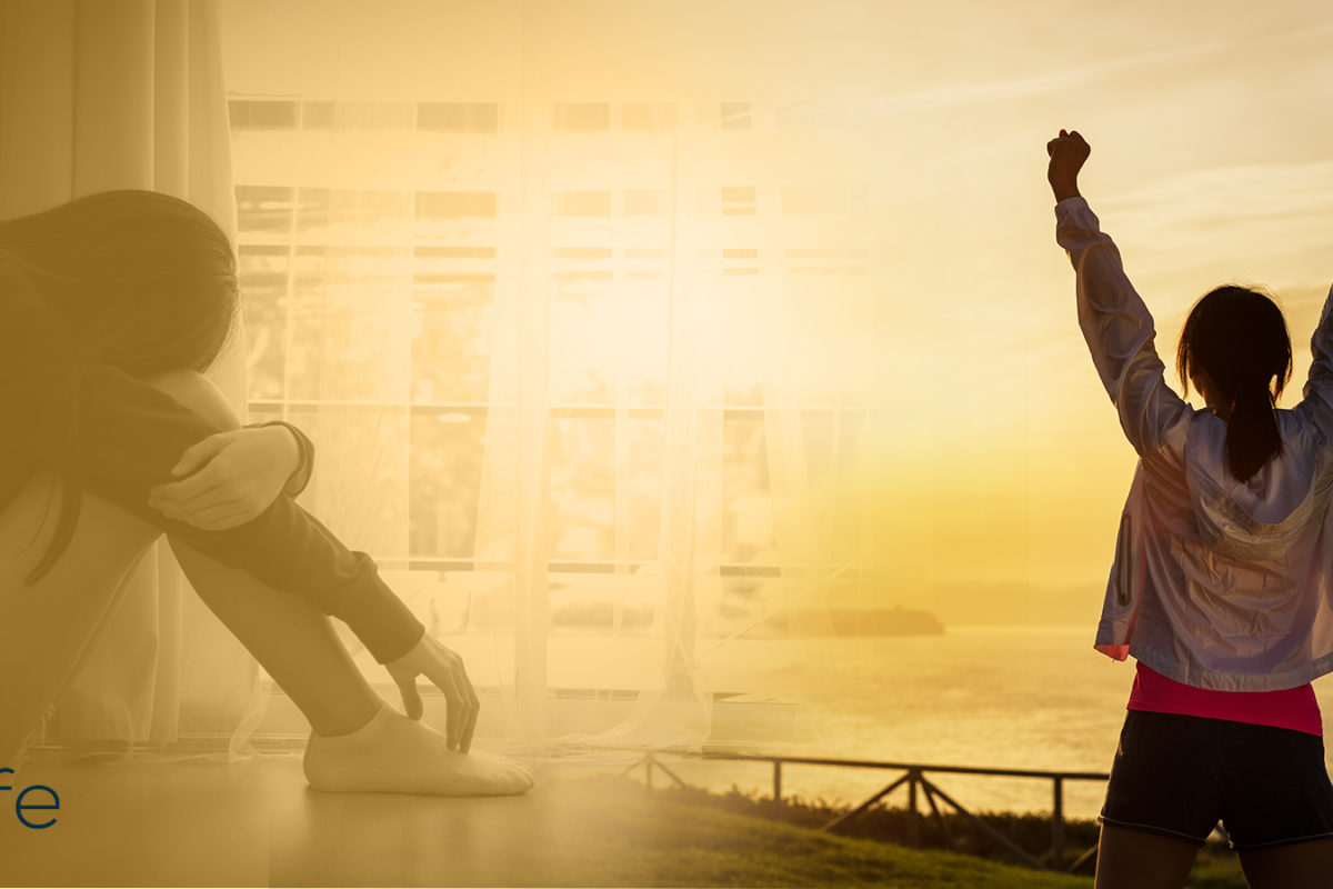 image of a woman curled up in depression beside a woman triumphantly raising her hands because of goal-setting strategies