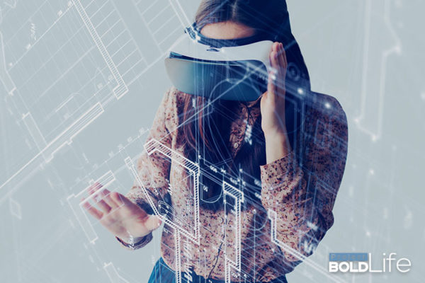 Girl wearing some virtual reality goggles and having a bold experience