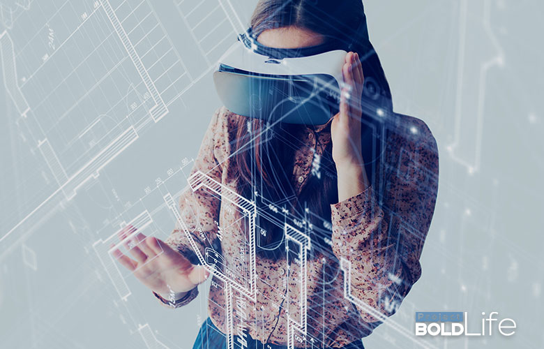 Girl wearing some virtual reality goggles and having a bold experience