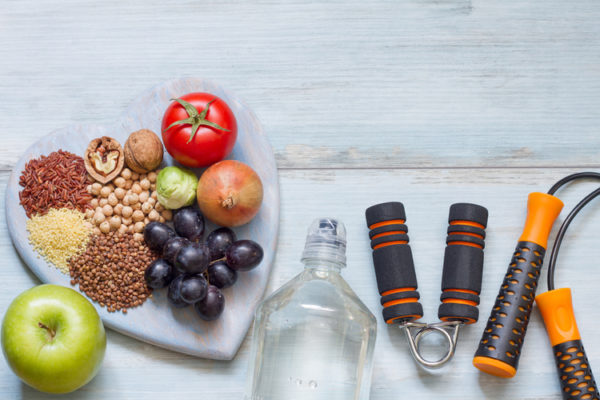 Some fruit, some water and some fitness equipment