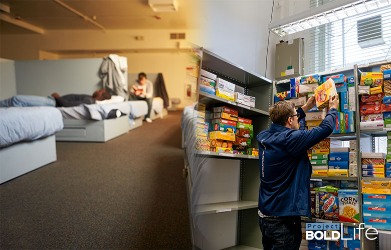 A person stocking a food pantry