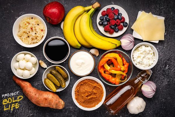 A bunch of gut-healthy foods on a table