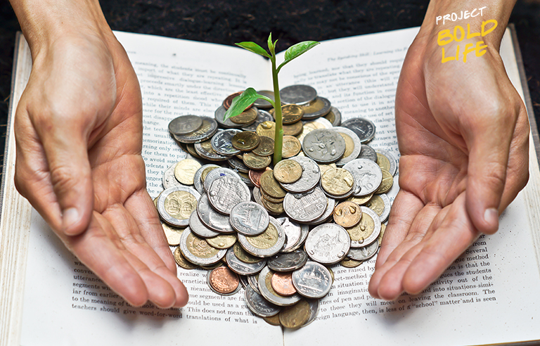 A plant growing in coins within a book